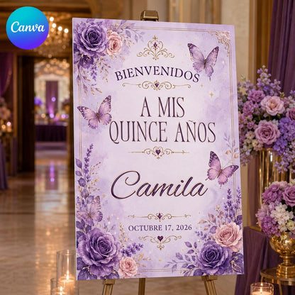 Purple Floral Quinceañera Welcome Sign — editable Canva template