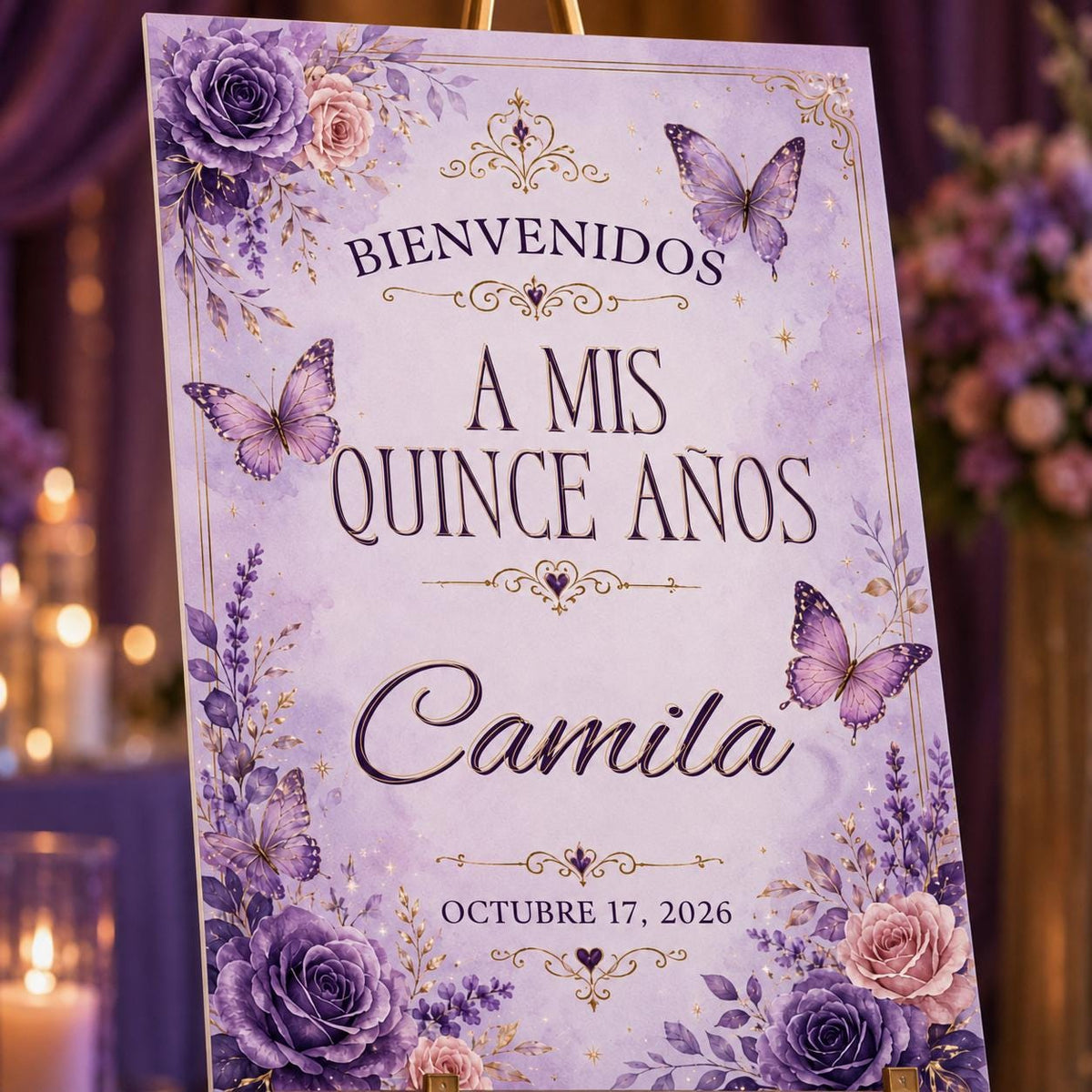 Purple Floral Quinceañera Welcome Sign — print-ready quinceañera design from VoltBy