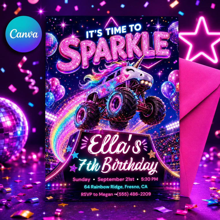 Purple Glitter Sparkle Unicorn Monster Truck Birthday Invitation