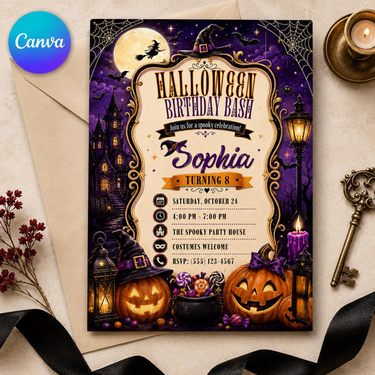 Purple Halloween 8th Birthday Invitation for Girls — editable Canva template