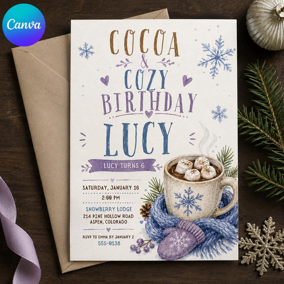 Purple Hot Cocoa 6th Birthday Invitation — editable Canva template