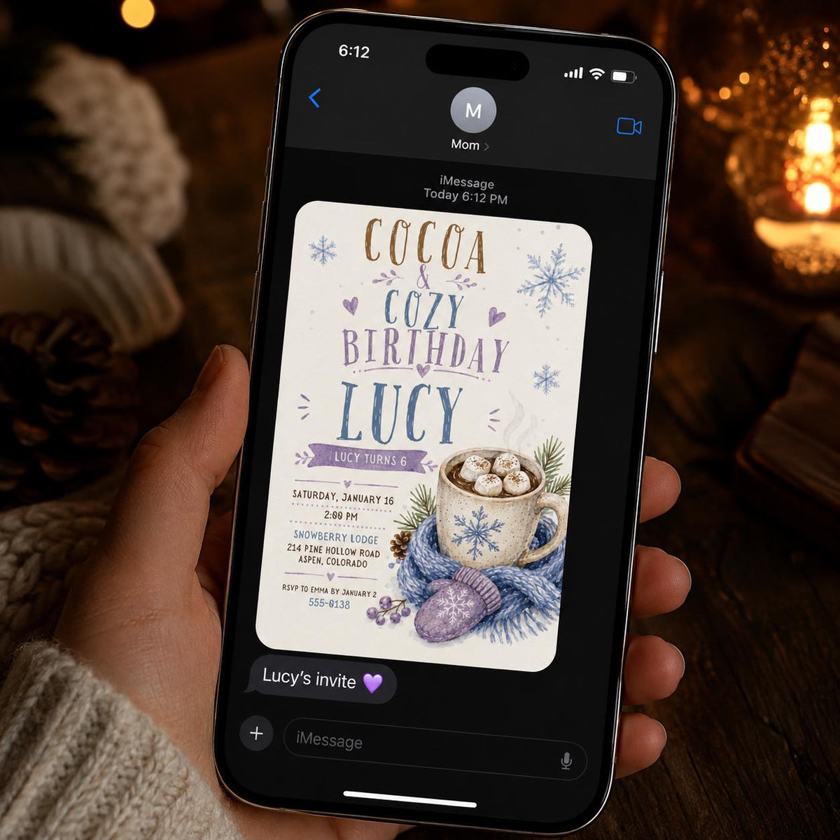 Purple Hot Cocoa 6th Birthday Invitation — invitation you personalize in Canva
