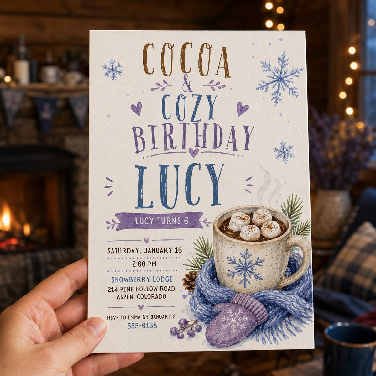Purple Hot Cocoa 6th Birthday Invitation — print-ready 6th birthday party design from VoltBy