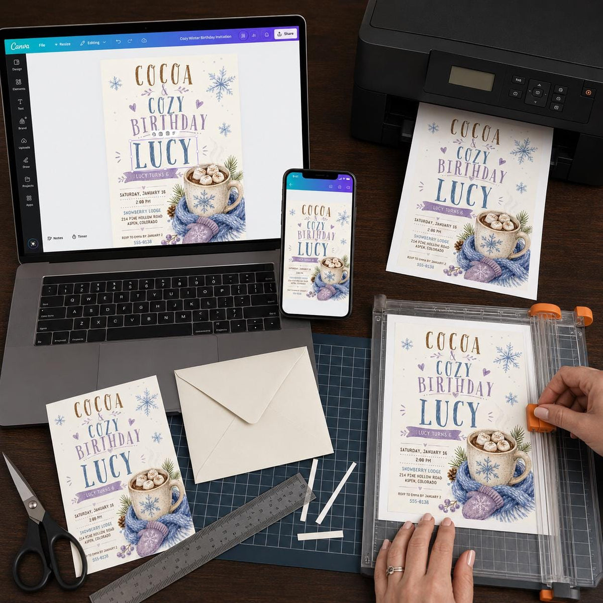 Purple Hot Cocoa 6th Birthday Invitation — digital invitation, instant download