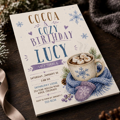 Purple Hot Cocoa 6th Birthday Invitation — 6th birthday party stationery by VoltBy