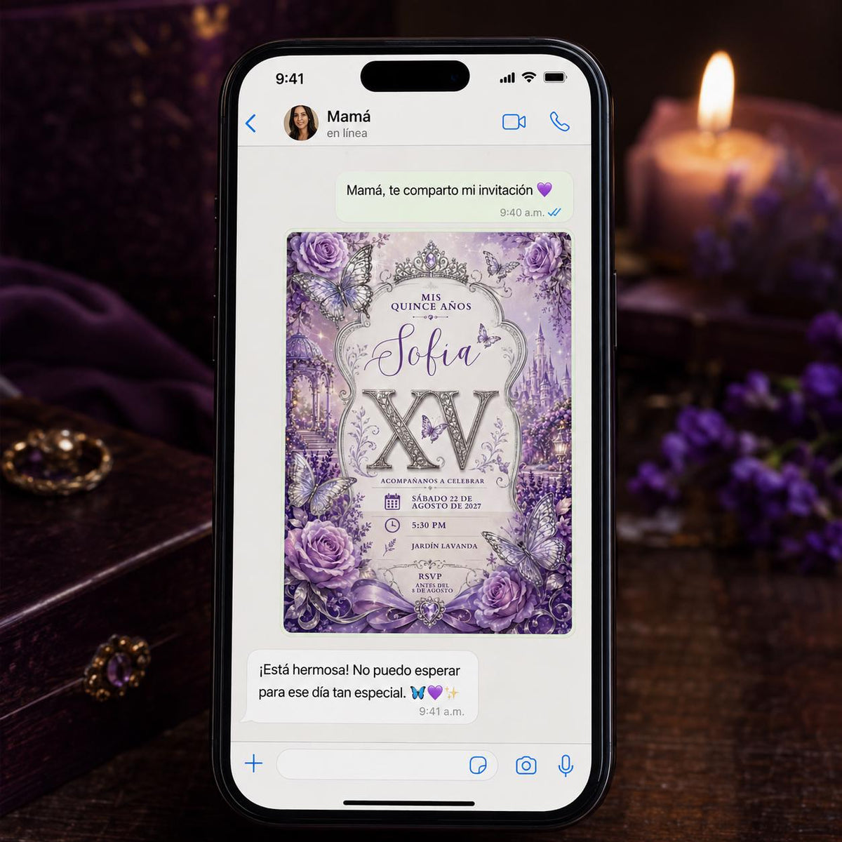 Purple Lavender Quinceanera Invitation — butterfly and princess design