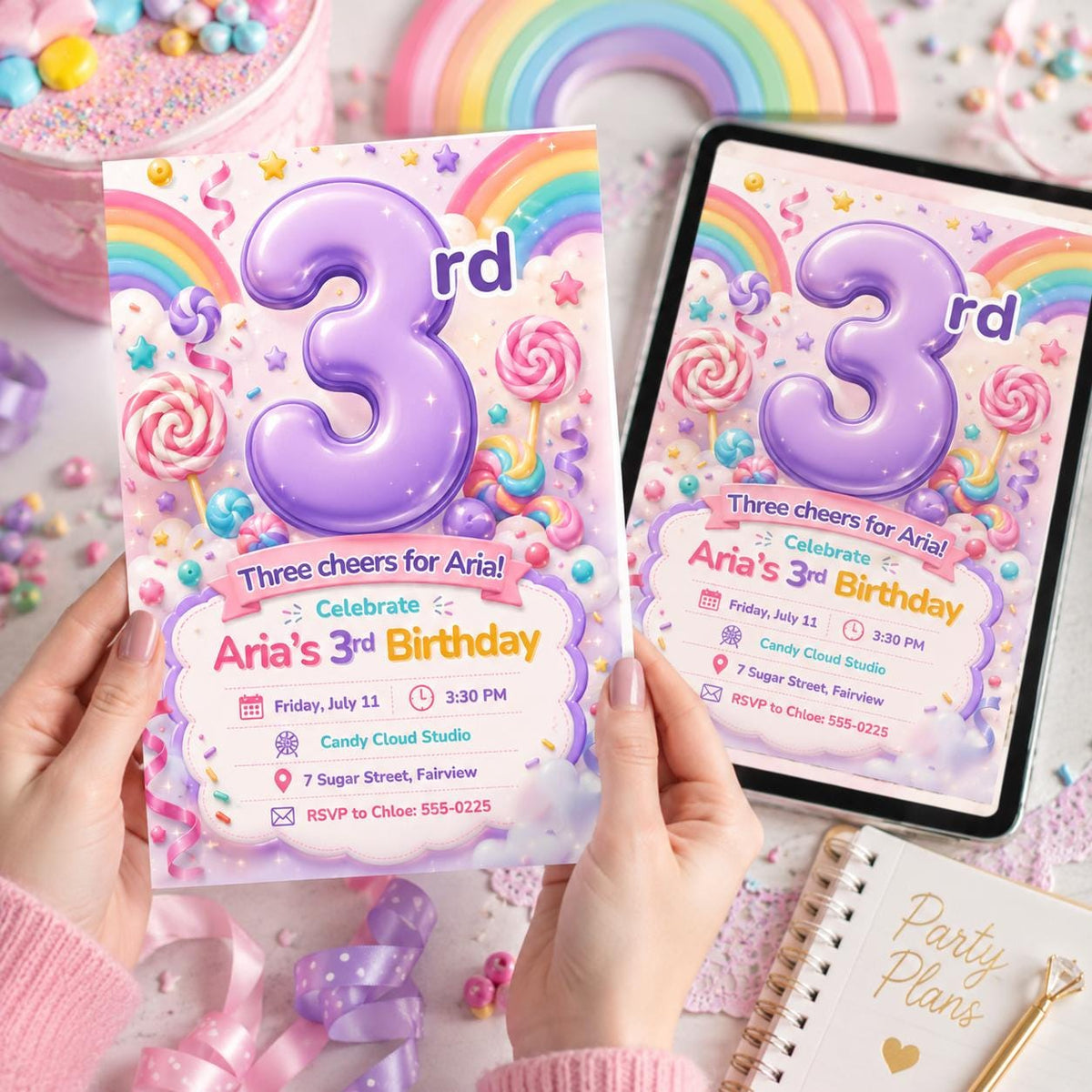 Purple Number Three Candy Birthday Invitation in blue and pink