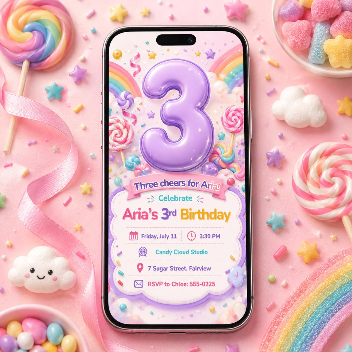 Purple Number Three Candy Birthday Invitation — invitation you personalize in Canva