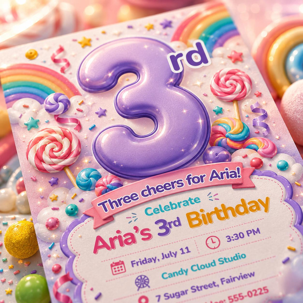 Purple Number Three Candy Birthday Invitation — print-ready 3rd birthday party design from VoltBy