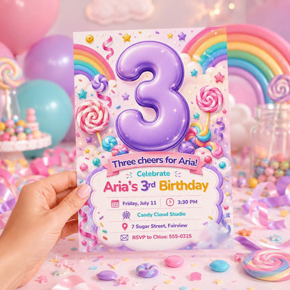 Purple Number Three Candy Birthday Invitation — digital invitation, instant download