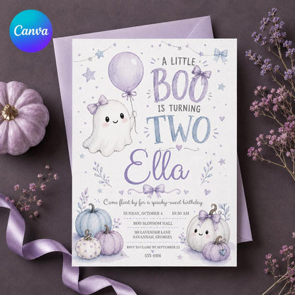 Purple Pastel Little Boo Turning Two Invitation — editable Canva template