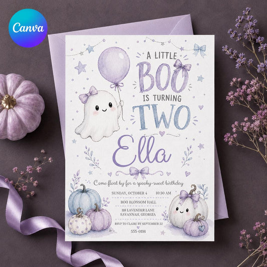 Purple Pastel Little Boo Turning Two Invitation — editable Canva template