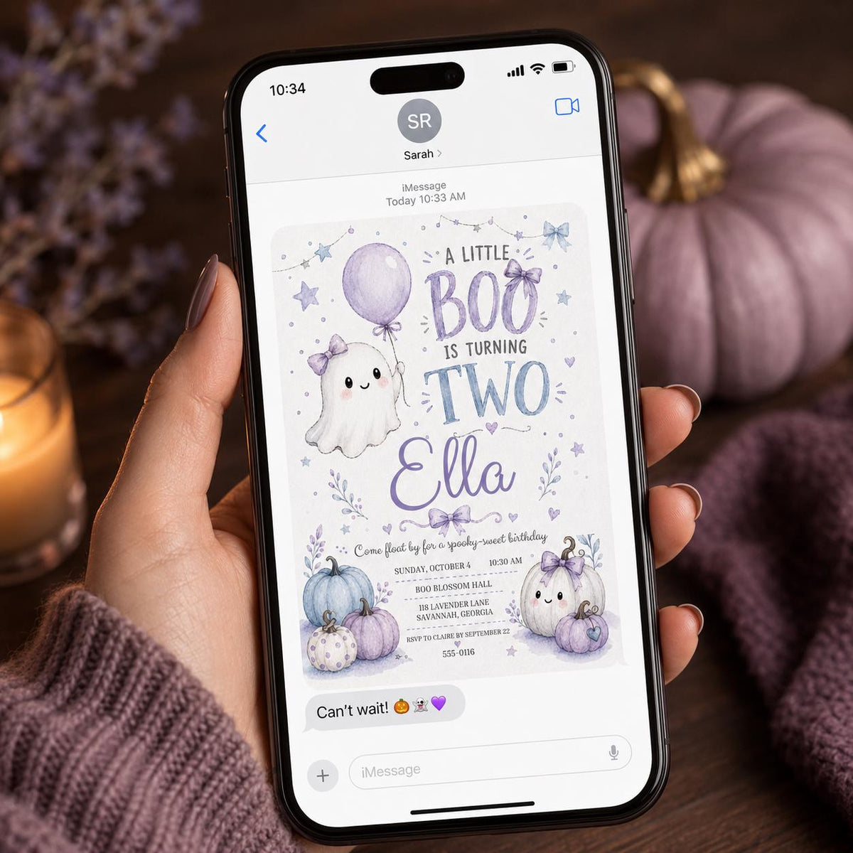 Purple Pastel Little Boo Turning Two Invitation — ghost design