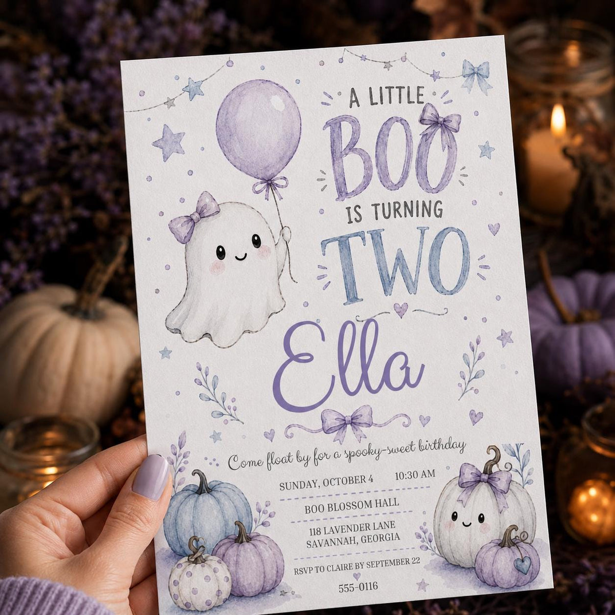 Purple Pastel Little Boo Turning Two Invitation — invitation you personalize in Canva