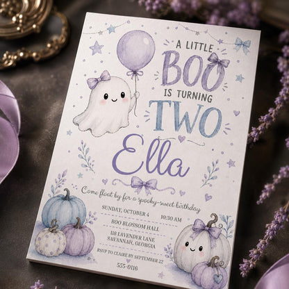 Purple Pastel Little Boo Turning Two Invitation — digital invitation, instant download