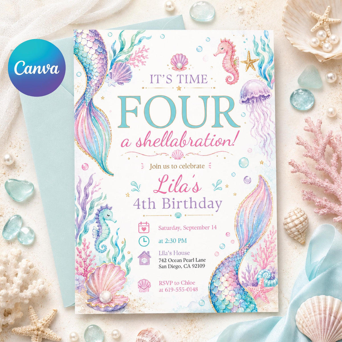 Purple Pastel Mermaid 4th Birthday Invitation — editable Canva template