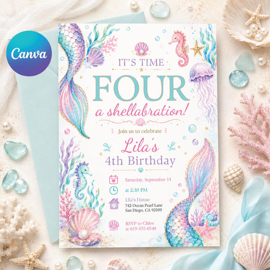 Purple Pastel Mermaid 4th Birthday Invitation — editable Canva template