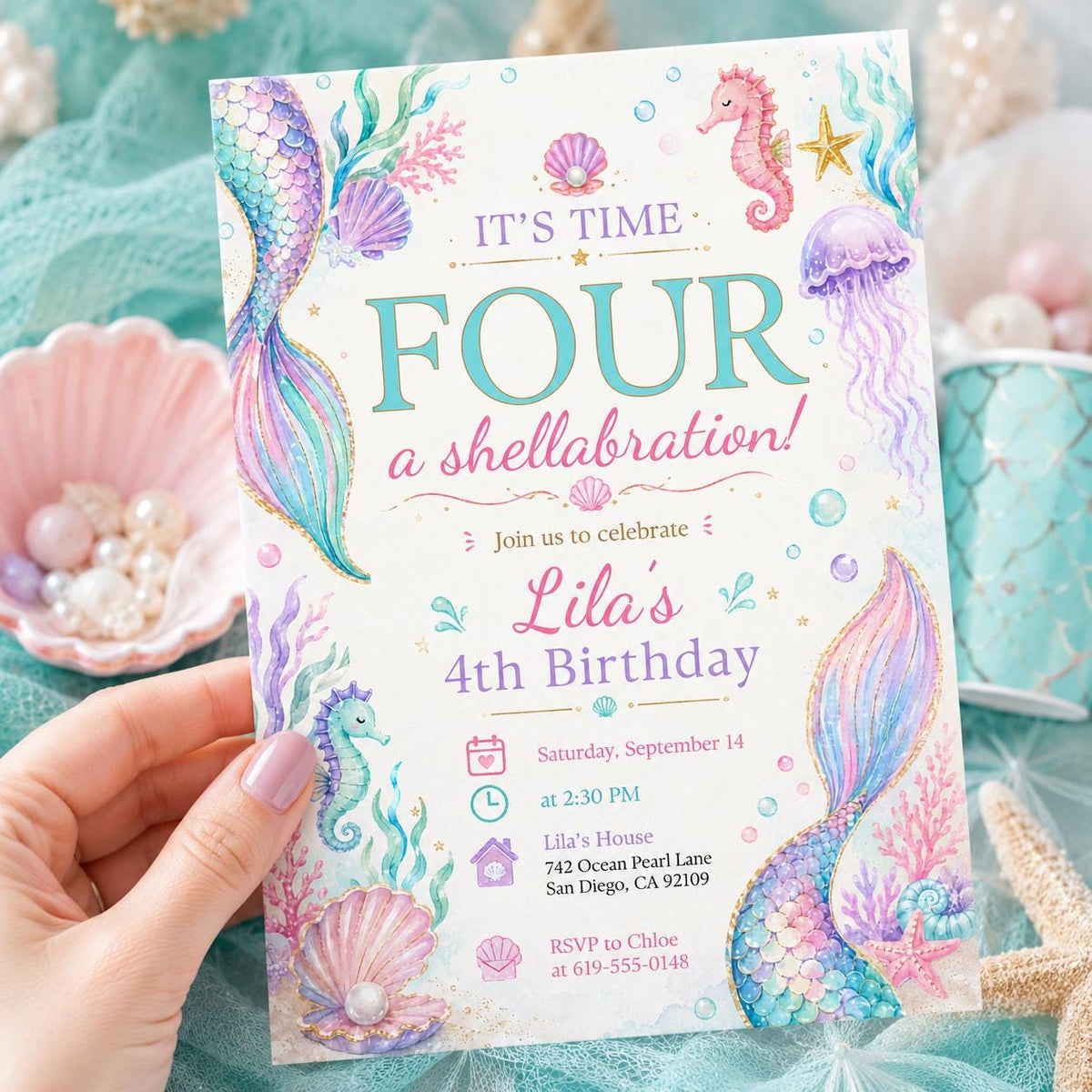 Purple Pastel Mermaid 4th Birthday Invitation — invitation you personalize in Canva