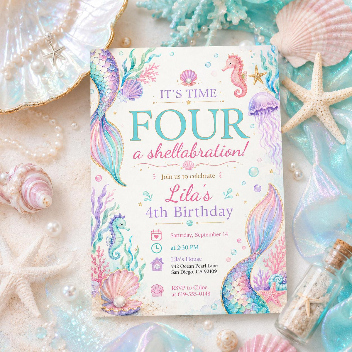 Purple Pastel Mermaid 4th Birthday Invitation — digital invitation, instant download