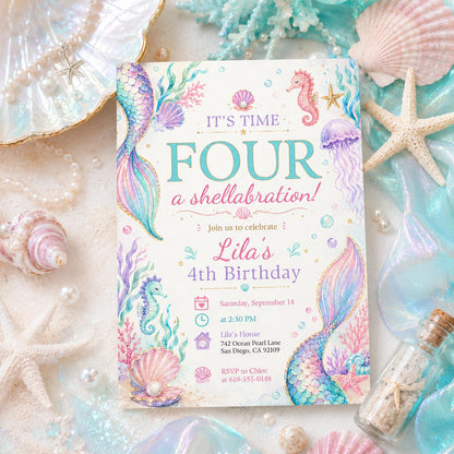 Purple Pastel Mermaid 4th Birthday Invitation — digital invitation, instant download