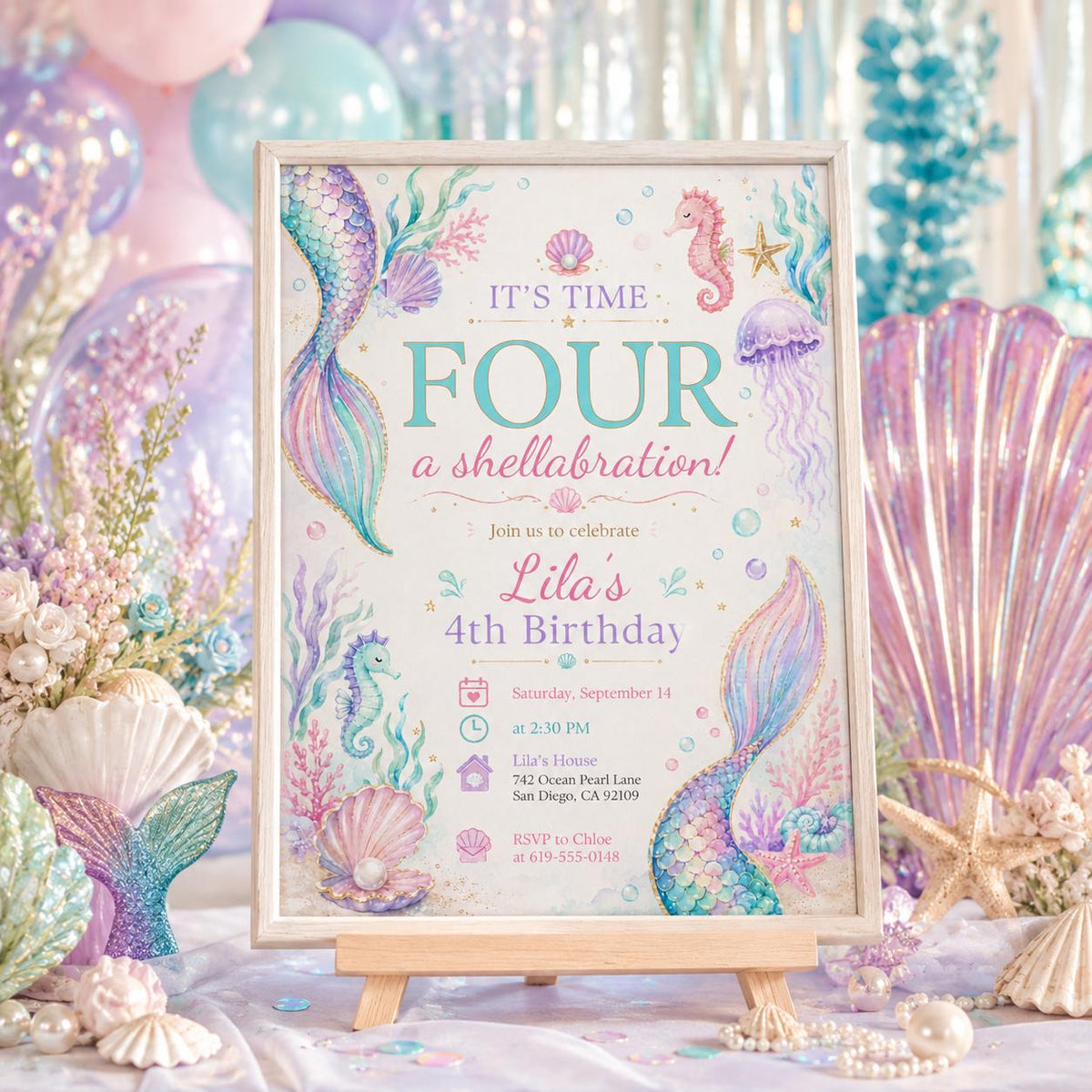 Purple Pastel Mermaid 4th Birthday Invitation — 4th birthday party stationery by VoltBy