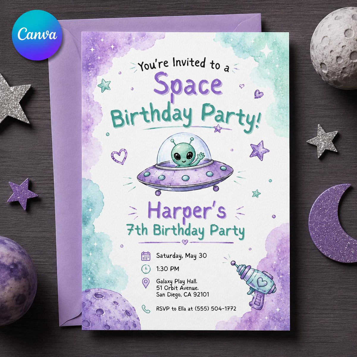 Purple Pastel Space 7th Birthday Invitation for Girls — editable Canva template