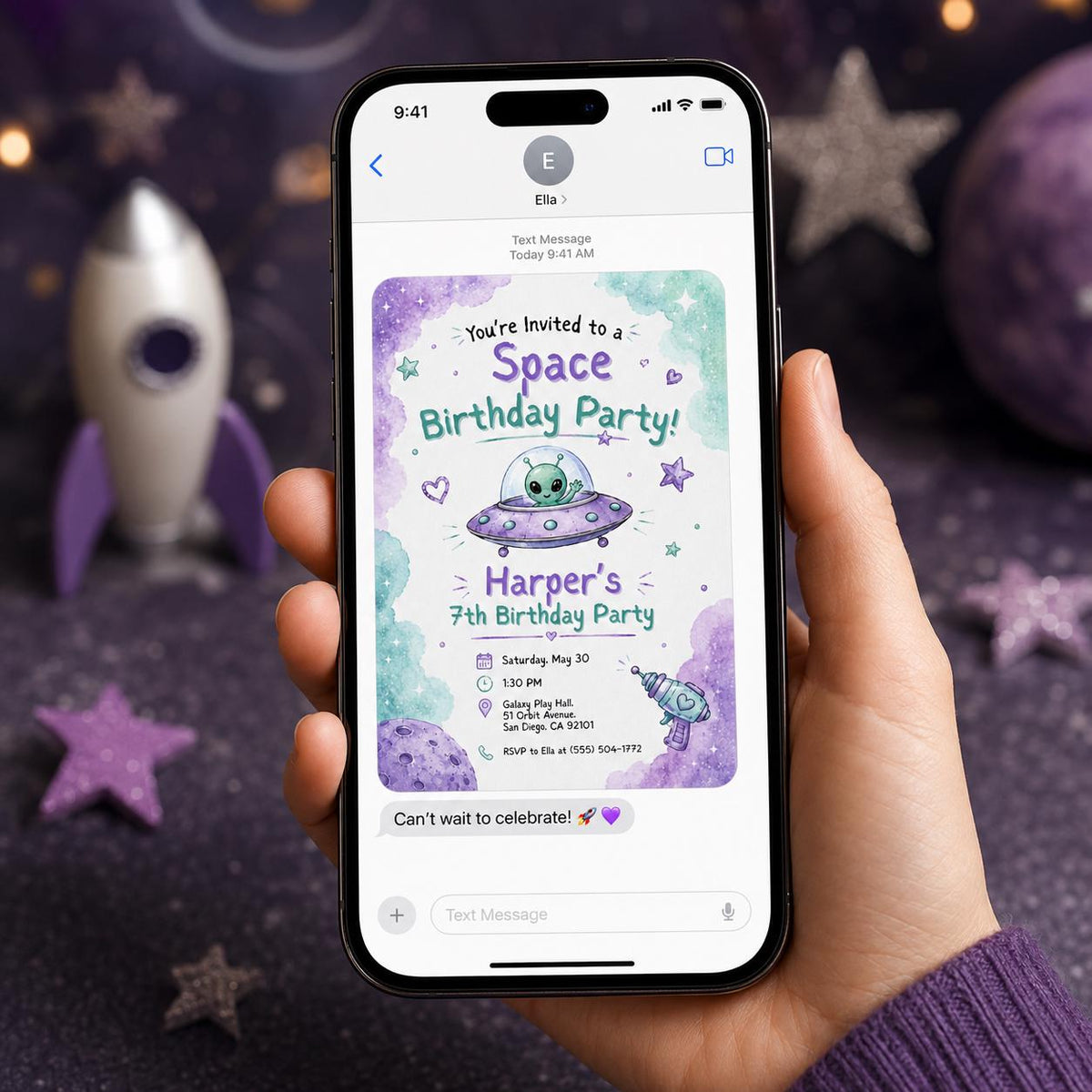Purple Pastel Space 7th Birthday Invitation for Girls — invitation you personalize in Canva