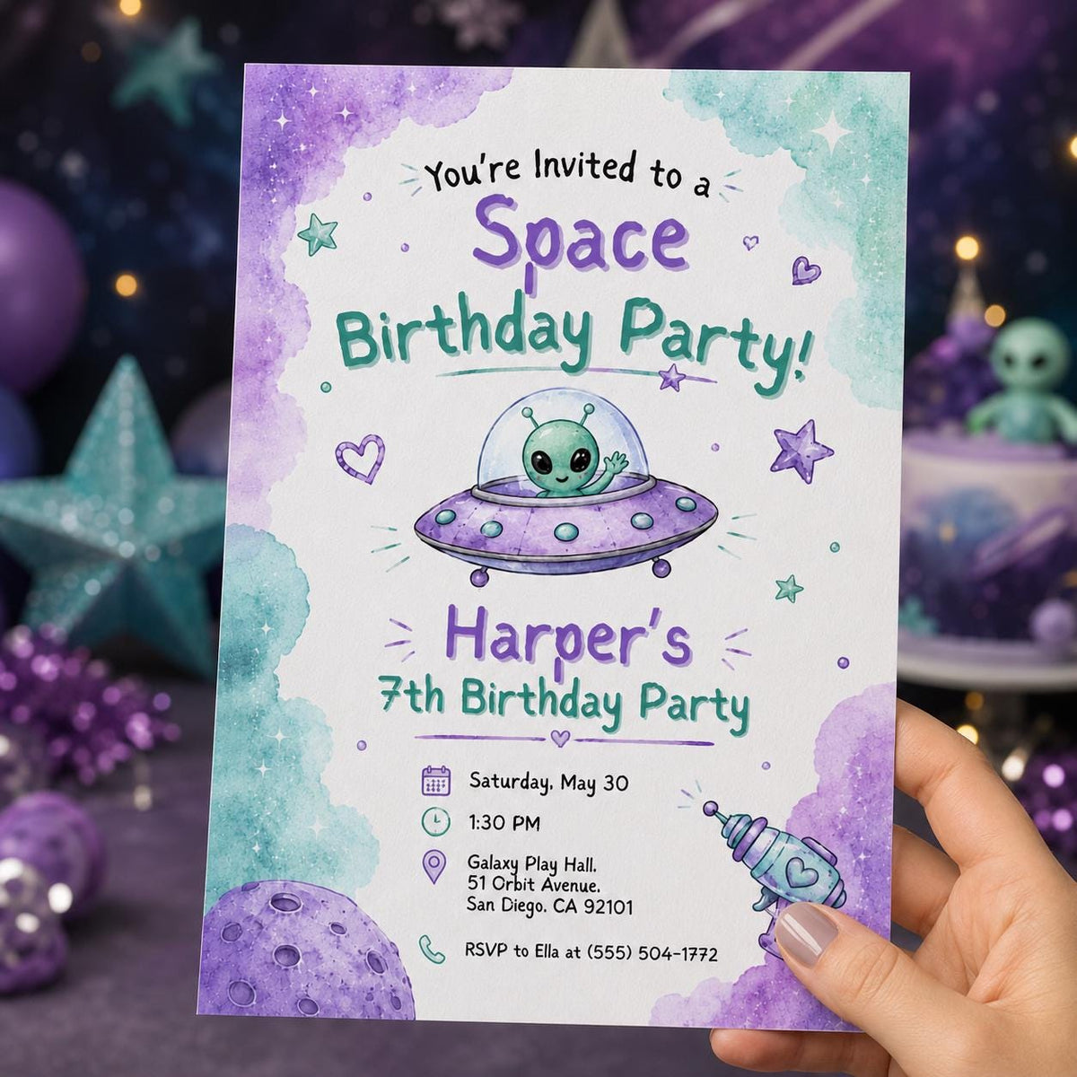 Purple Pastel Space 7th Birthday Invitation for Girls — print-ready 7th birthday party design from VoltBy