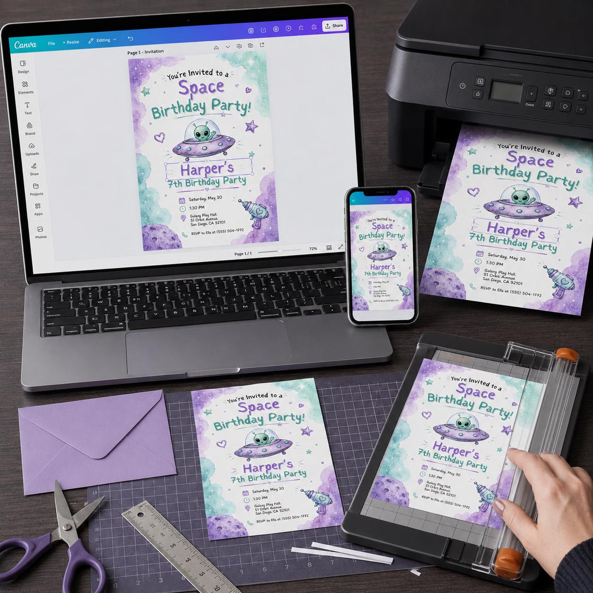 Purple Pastel Space 7th Birthday Invitation for Girls — digital invitation, instant download