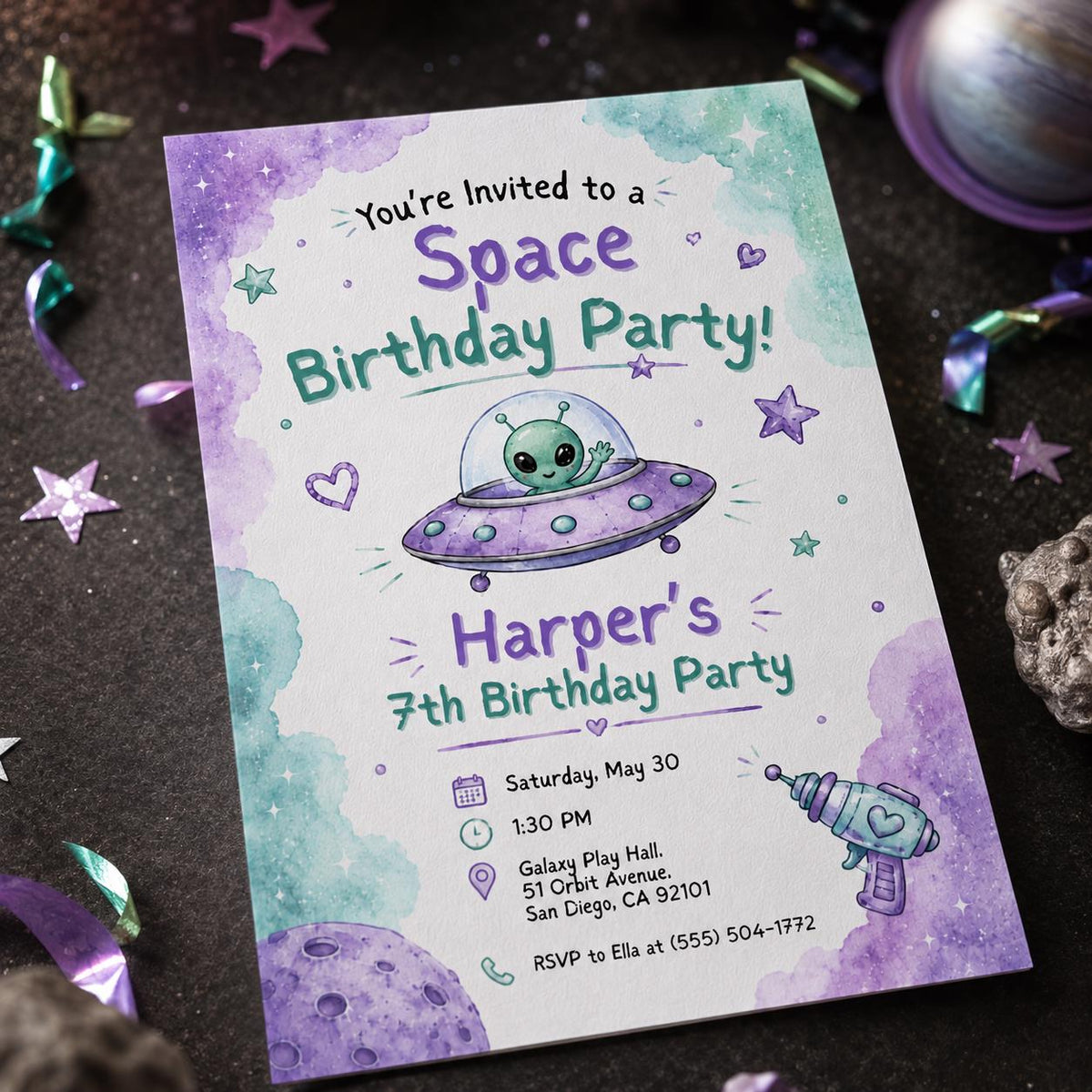Purple Pastel Space 7th Birthday Invitation for Girls — 7th birthday party stationery by VoltBy