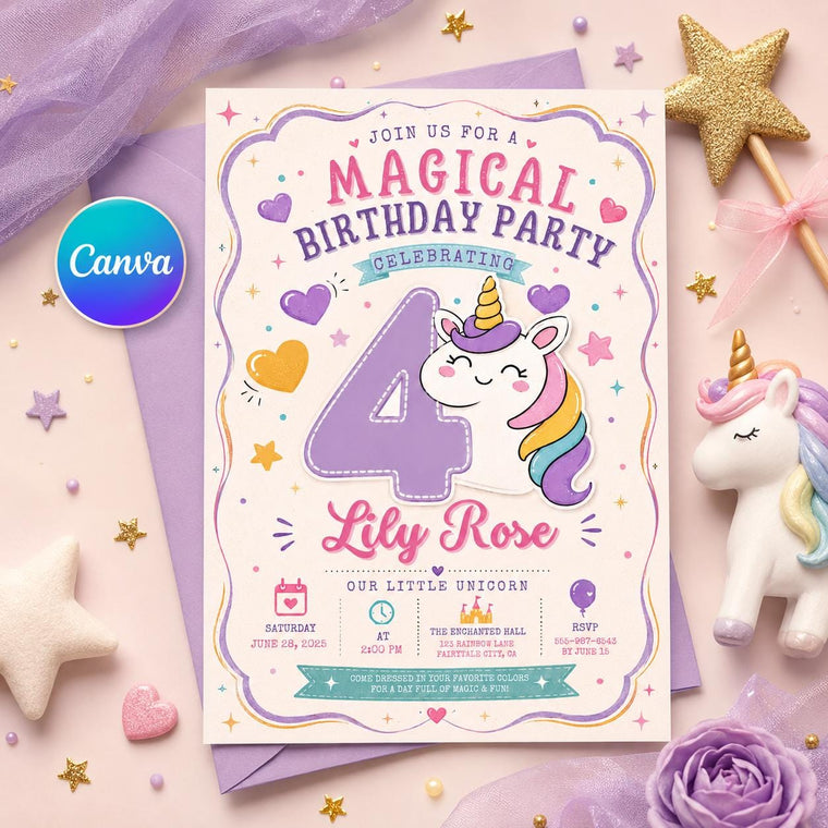 Purple Unicorn Number Four Birthday Invitation
