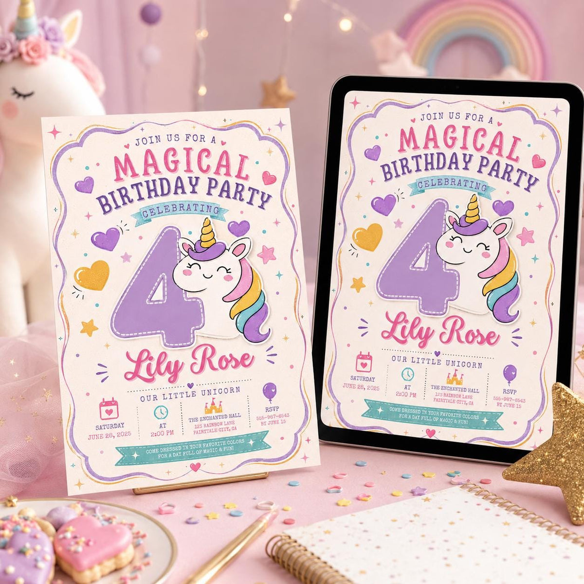 Purple Unicorn Number Four Birthday Invitation — invitation you personalize in Canva