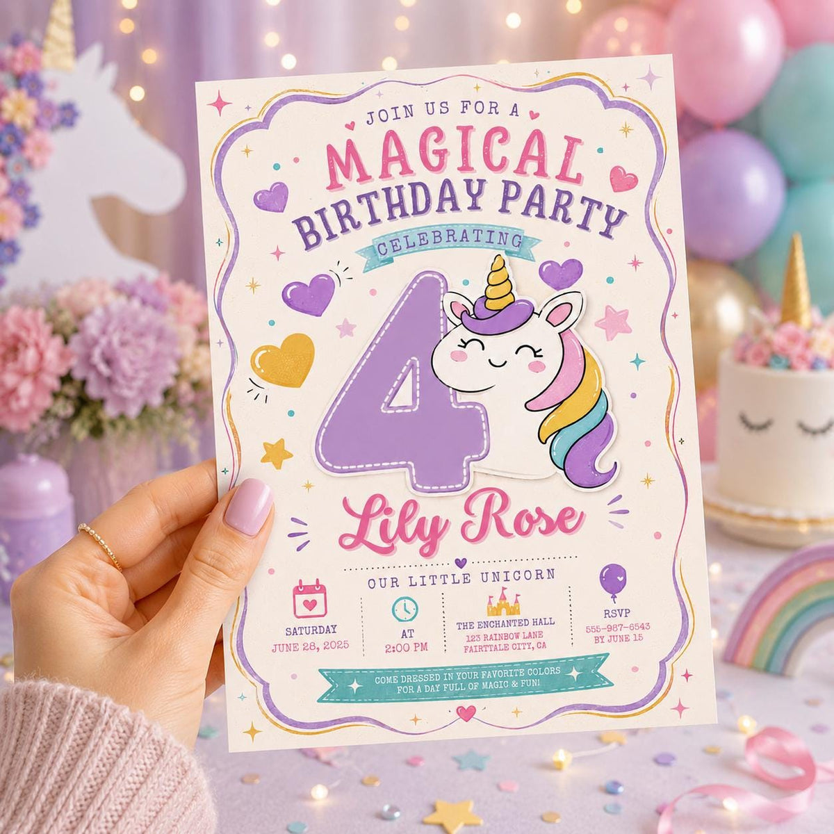 Purple Unicorn Number Four Birthday Invitation — print-ready 4th birthday party design from VoltBy