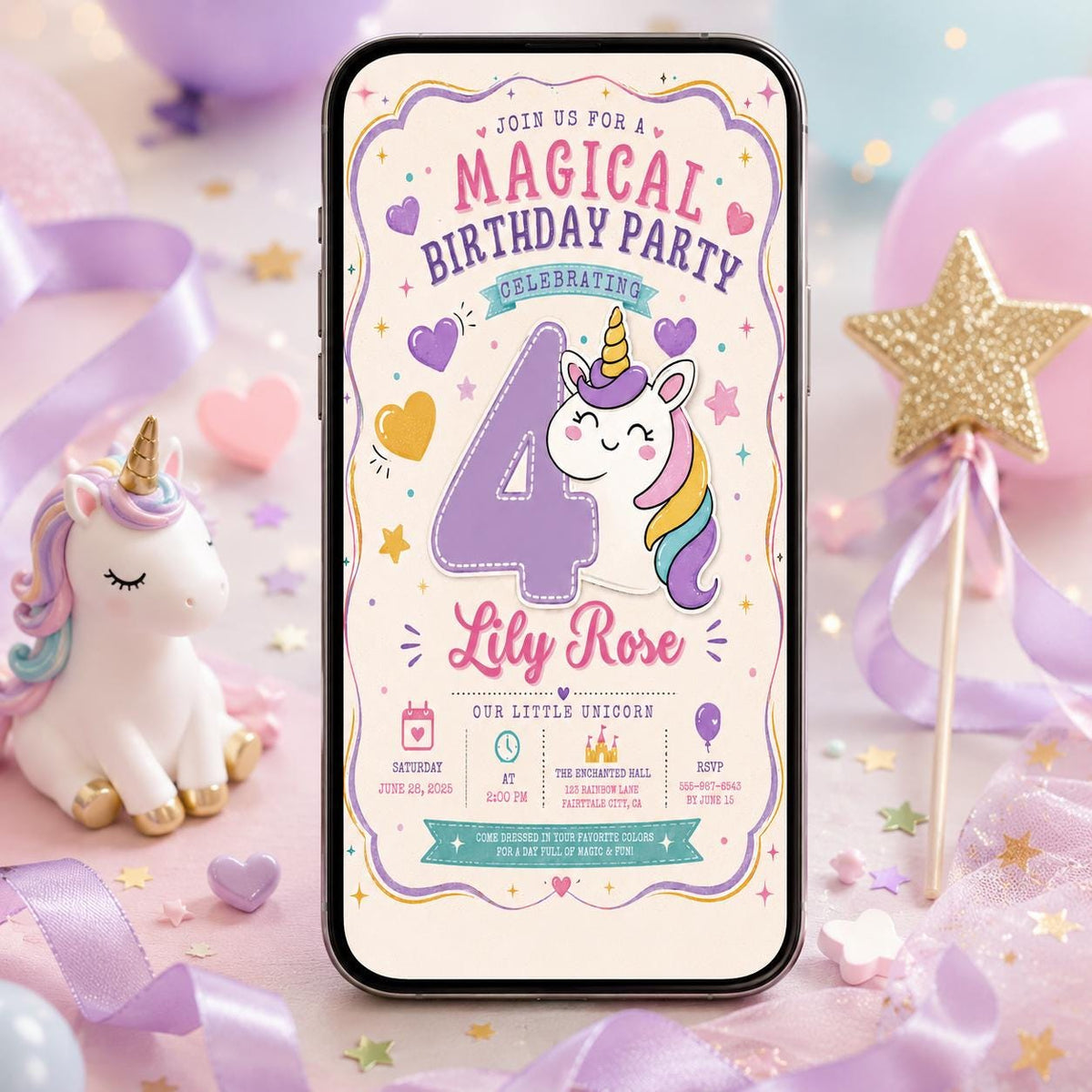 Purple Unicorn Number Four Birthday Invitation — digital invitation, instant download