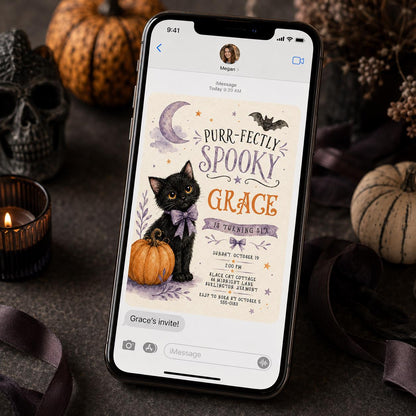 Purple Watercolor Black Cat Halloween 6th Birthday Invitation in orange