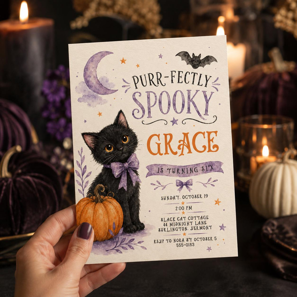Purple Watercolor Black Cat Halloween 6th Birthday Invitation — invitation you personalize in Canva