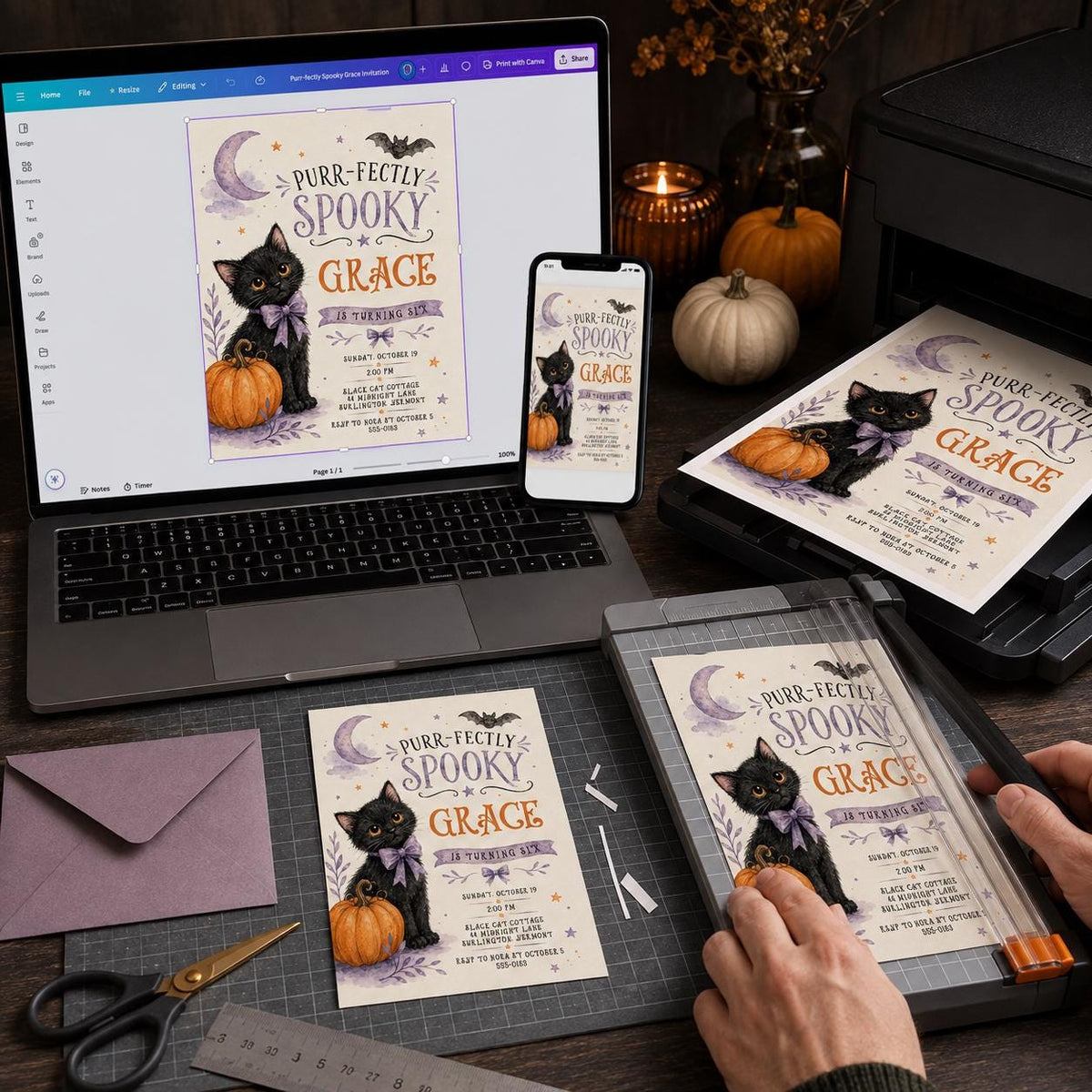 Purple Watercolor Black Cat Halloween 6th Birthday Invitation — print-ready 6th birthday party design from VoltBy