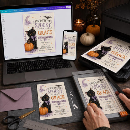 Purple Watercolor Black Cat Halloween 6th Birthday Invitation — print-ready 6th birthday party design from VoltBy