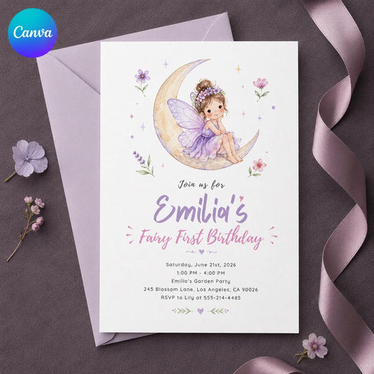 Purple Watercolor Fairy First Birthday Invitation for Girls — editable Canva template
