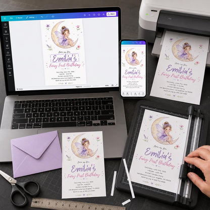 Purple Watercolor Fairy First Birthday Invitation for Girls — celestial design