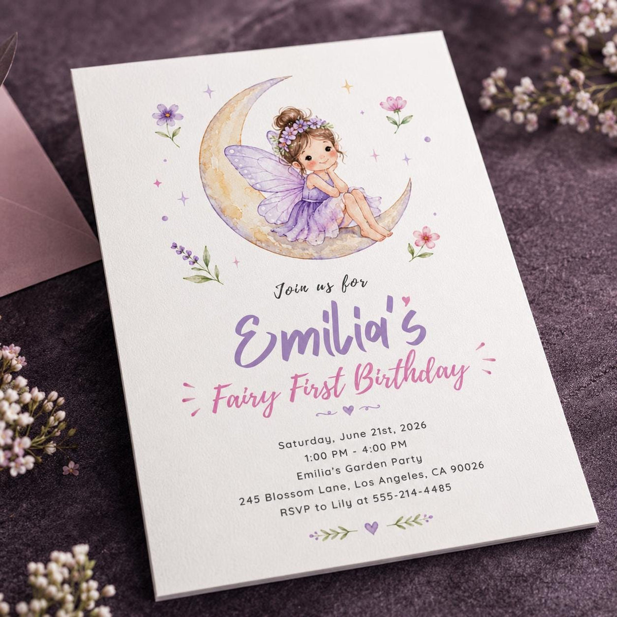 Purple Watercolor Fairy First Birthday Invitation for Girls — invitation you personalize in Canva
