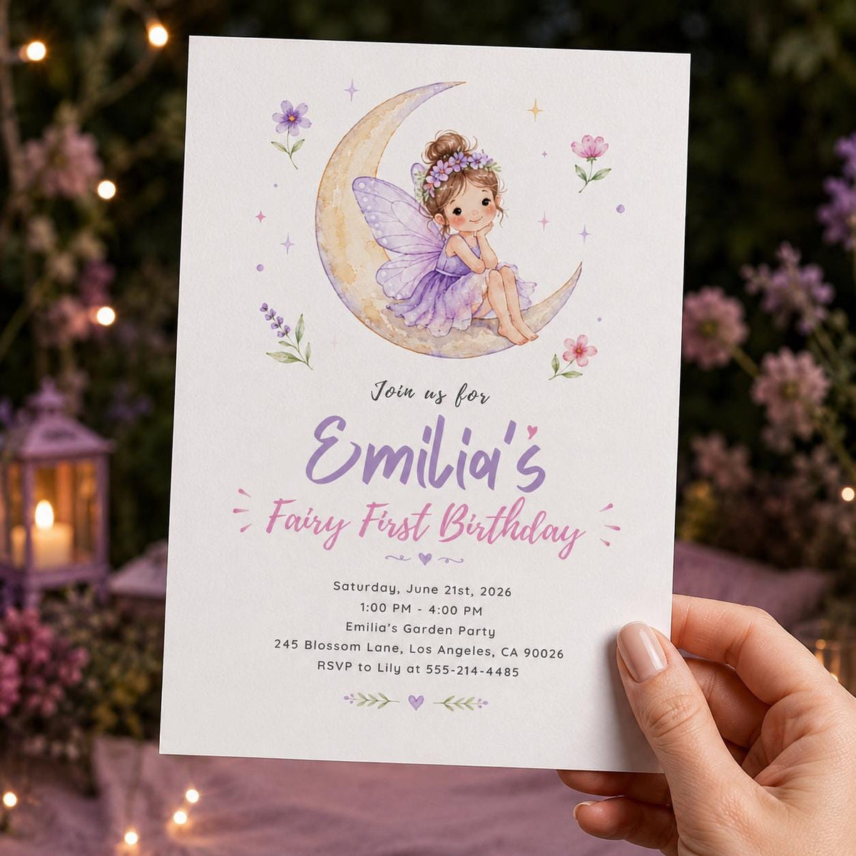 Purple Watercolor Fairy First Birthday Invitation for Girls — print-ready first birthday design from VoltBy