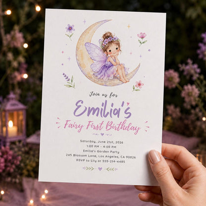 Purple Watercolor Fairy First Birthday Invitation for Girls — print-ready first birthday design from VoltBy