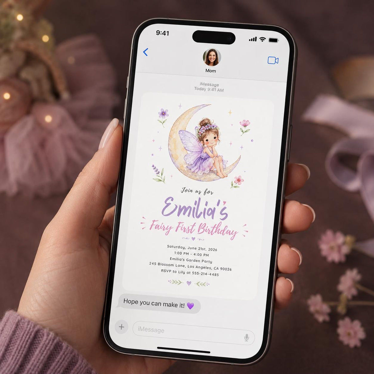 Purple Watercolor Fairy First Birthday Invitation for Girls — digital invitation, instant download
