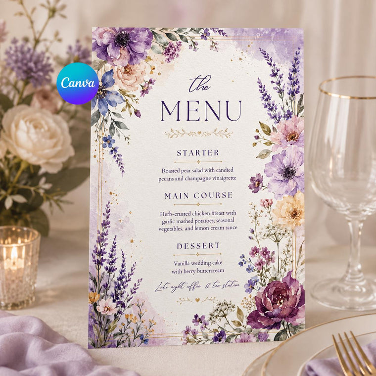 Purple Watercolor Floral Wedding Dinner Menu