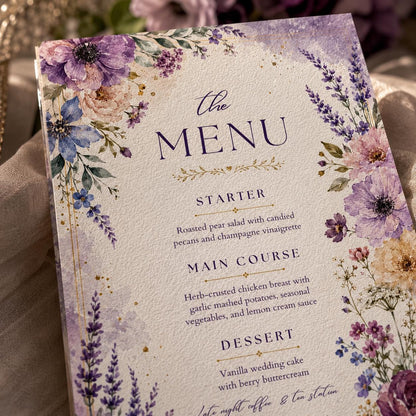 Purple Watercolor Floral Wedding Dinner Menu in cream and green