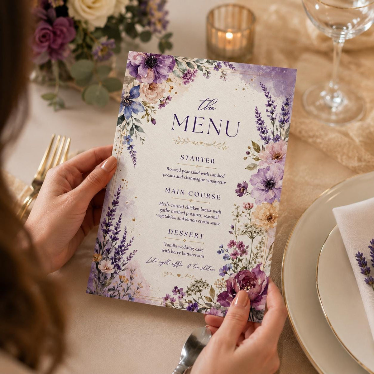 Purple Watercolor Floral Wedding Dinner Menu — garden design