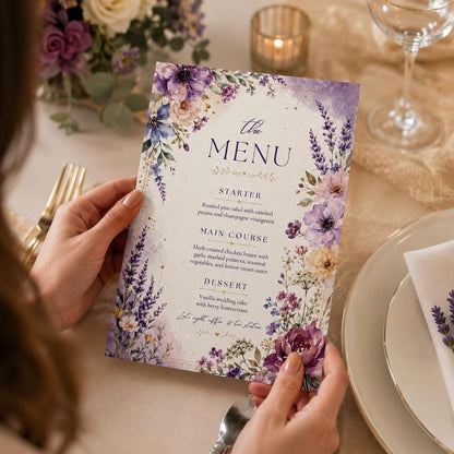 Purple Watercolor Floral Wedding Dinner Menu — garden design