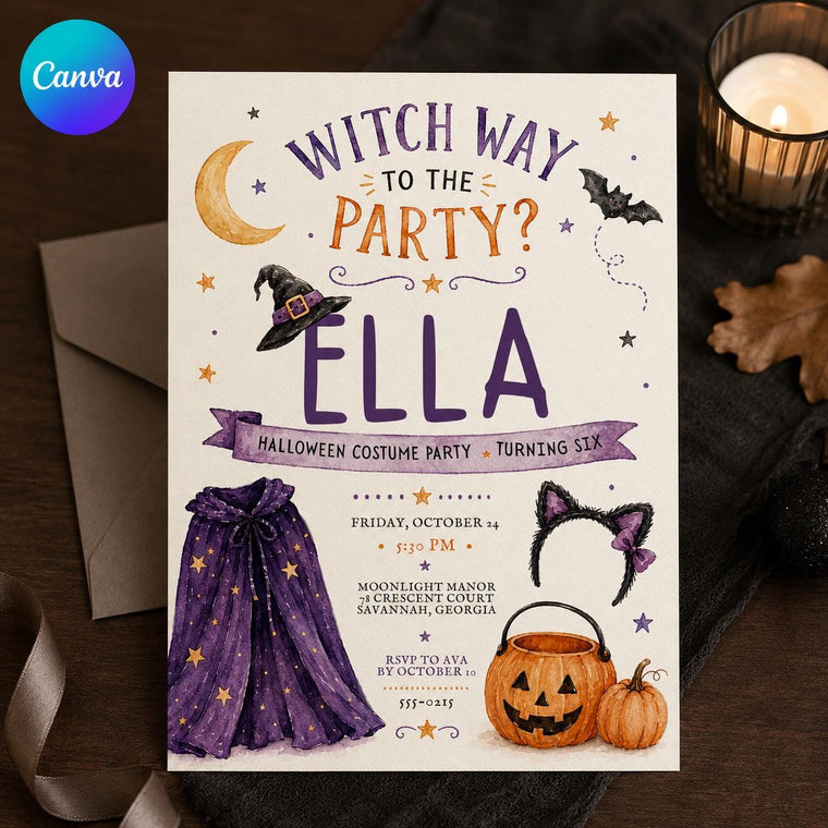 Purple Watercolor Halloween Birthday Invitation for 6th Birthday