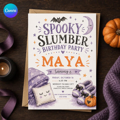 Purple Watercolor Spooky Slumber Party Invitation — editable Canva template